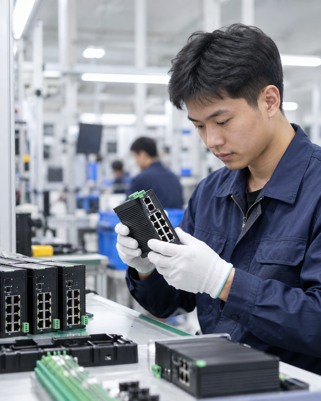 Technician inspecting an industrial Ethernet switch at a Shenzhen factory